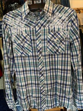 Men's Blue & Green Plaid Western Shirt with White Embroidery